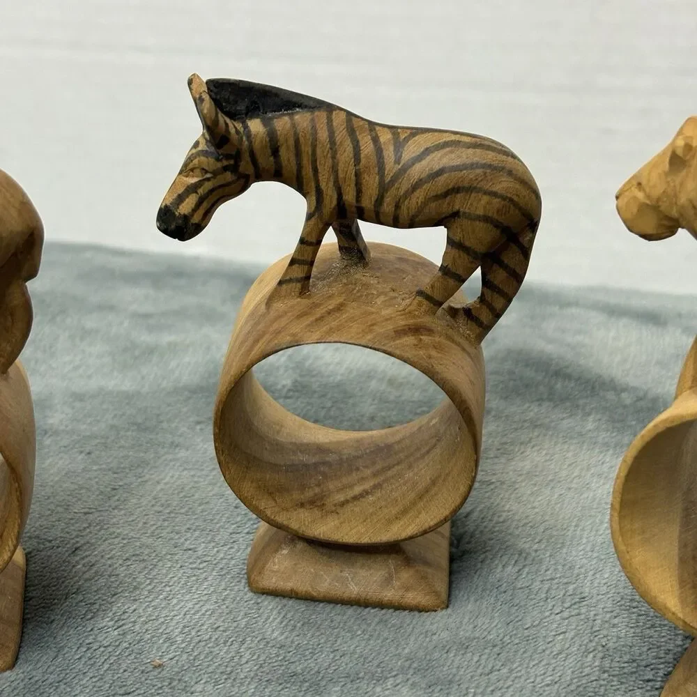 Set Of 3 African Safari Hand Carved Wooden Napkin Rings Vintage